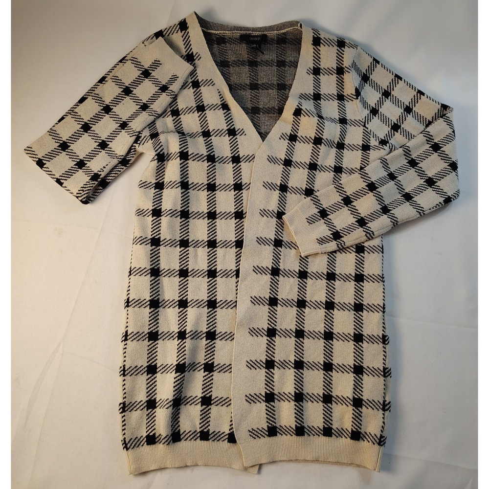 Forever 21 Womens Black Cream Grid Plaid‎ Open Front Longline Cardigan Sweater M